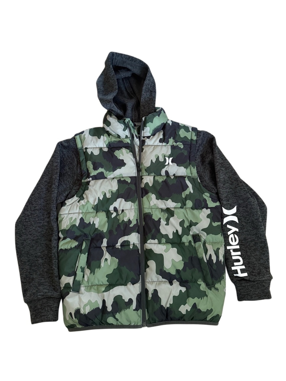 Hurley Puffer Jacket Boys Size L Camo Hooded Outdoor Winter Coat